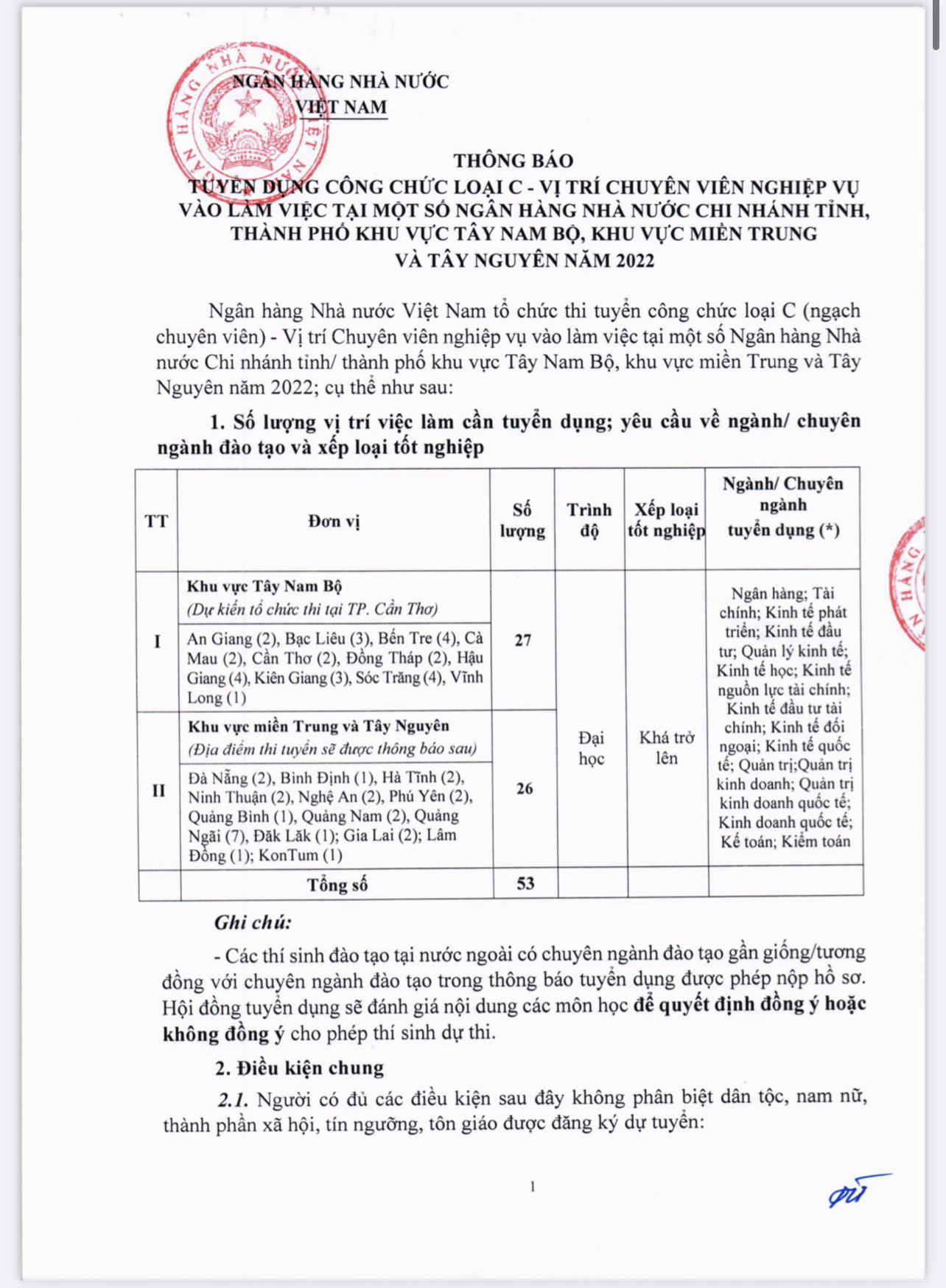 Ngân hàng Nhà nước Việt Nam (SBV) tuyển dụng khu vực Tây Nam bộ, Miền trung, Tây nguyên