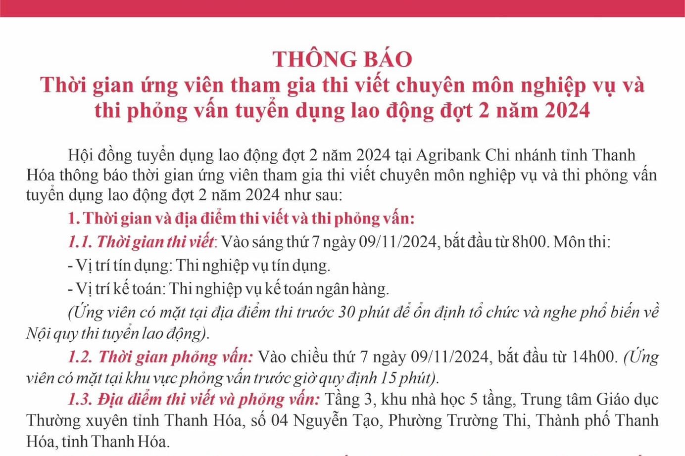 AGRIBANK THÔNG BÁO LỊCH THI ĐỢT II/2024