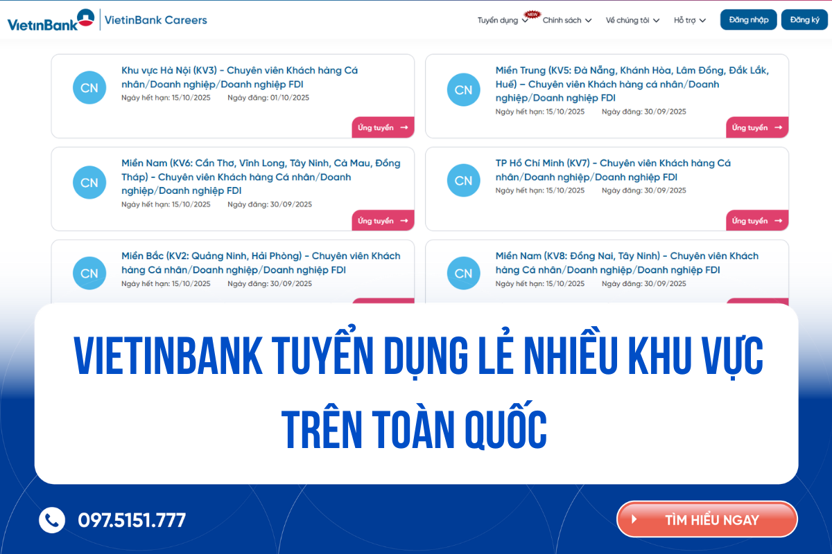 VietinBank tuyển dụng lẻ nhiều khu vực trên toàn quốc 