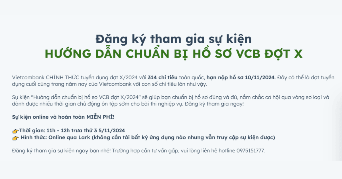 Sự kiện 'HƯỚNG DẪN CHUẨN BỊ HỒ SƠ VIETCOMBANK ĐỢT X/2024'